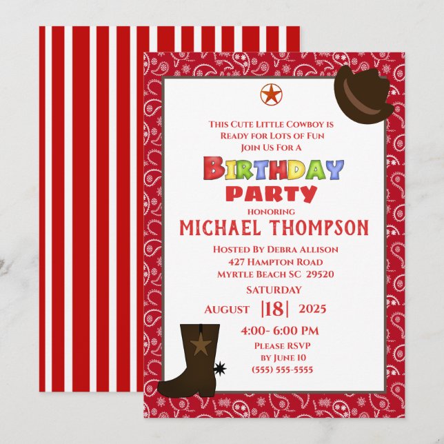 Red Bandana Western Cowboy Birthday-inbjudan Inbjudningar (Fram/baksida)