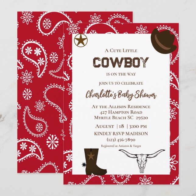 Red Bandana Western Cowboy Birthday-inbjudan Inbjudningar (Fram/baksida)