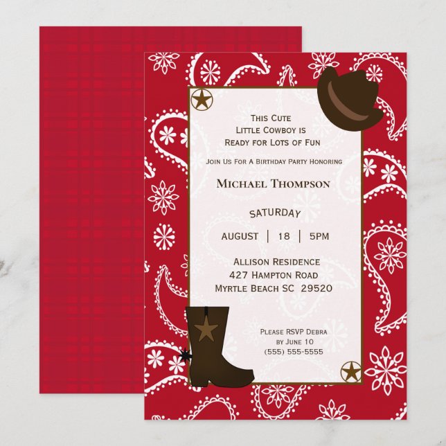 Red Bandana Western Cowboy Birthday-inbjudan Inbjudningar (Fram/baksida)