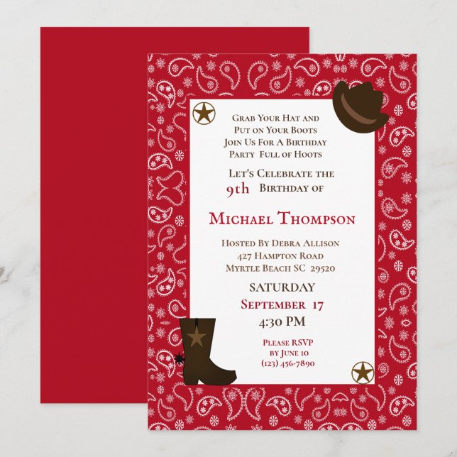 Red Bandana Western Cowboy Birthday-inbjudan Inbjudningar (Fram/baksida)