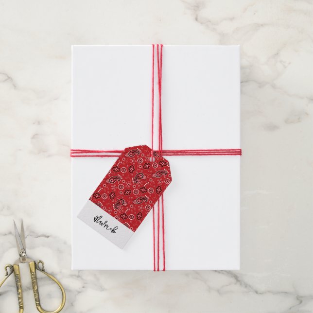 Red Bandana Western Cowboy NAMN Roligt Presentetikett (Med Snöre)