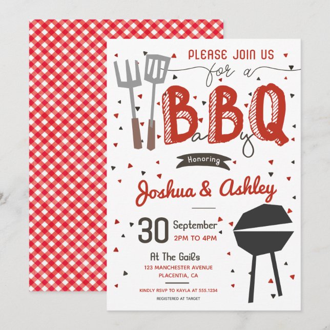 Red Barbecue Baby dusch BaByQ BBQ Inbjudningar (Fram/baksida)