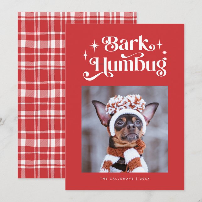 Red BARK HUMBUG Rolig hund fotojul Julkort (Fram/baksida)