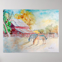 Red Barn and Horses in Pasture