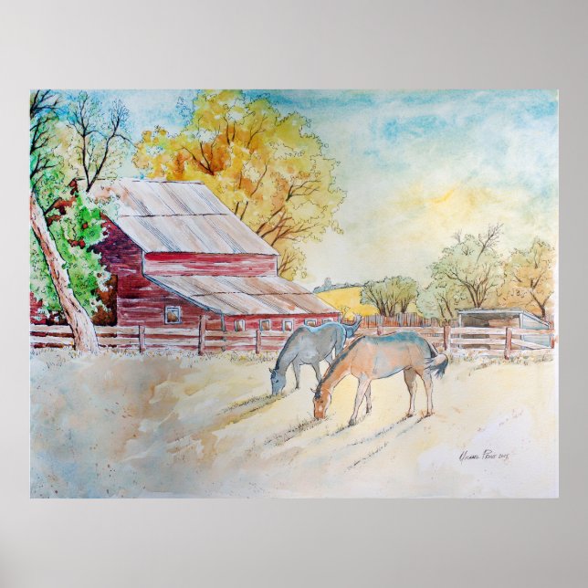 Red Barn and Horses in Pasture Poster (Framsidan)