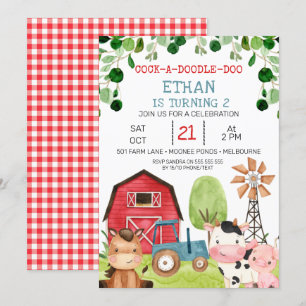 Red Barn Blue Tractor Farm Farmyard Birthday Inbjudningar