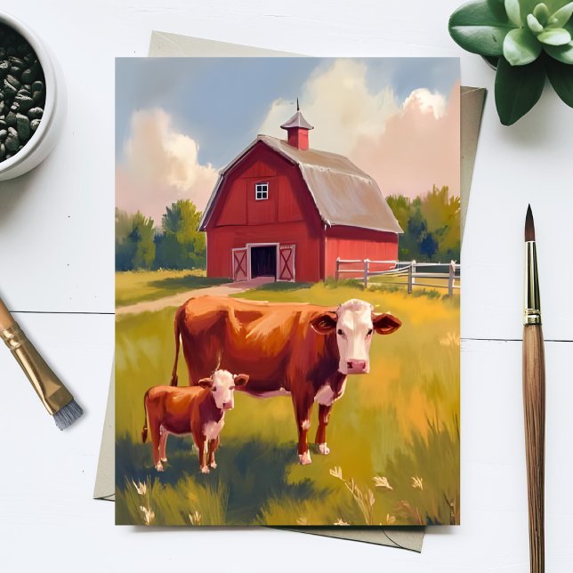 Red Barn Boskap Cow-målning Vykort (Skapare uppladdad)