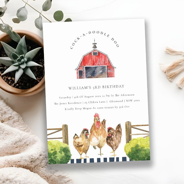Red Barn Chicken Farm Watercolor Birthday Inbjudan (Skapare uppladdad)