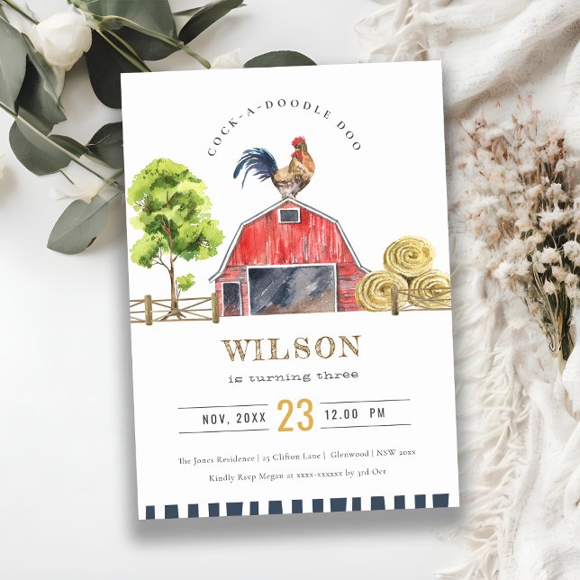 Red Barn Chicks Farm Watercolor Birthday Inbjudan (Skapare uppladdad)