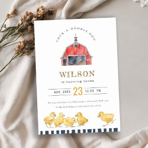 Red Barn Chicks Farm Watercolor Birthday Inbjudan