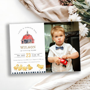 Red Barn Chicks Watercolor Photo Birthday Inbjudan