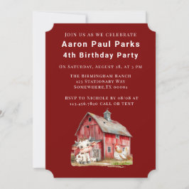 Red Barn Cow Chicken Boy Födelsedagsfest Inbjudningar