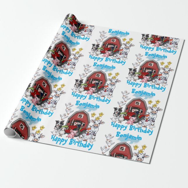 Red Barn Cute Boskap Birthday Gift Presentpapper (Utrullad)
