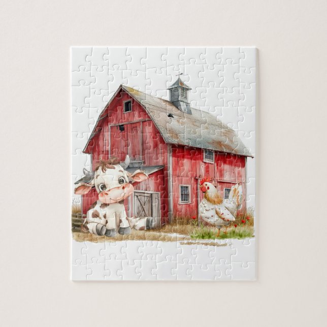 Red Barn Cute Cow Chicken Boy Födelsedagsfest Gift Pussel (Vertikal)