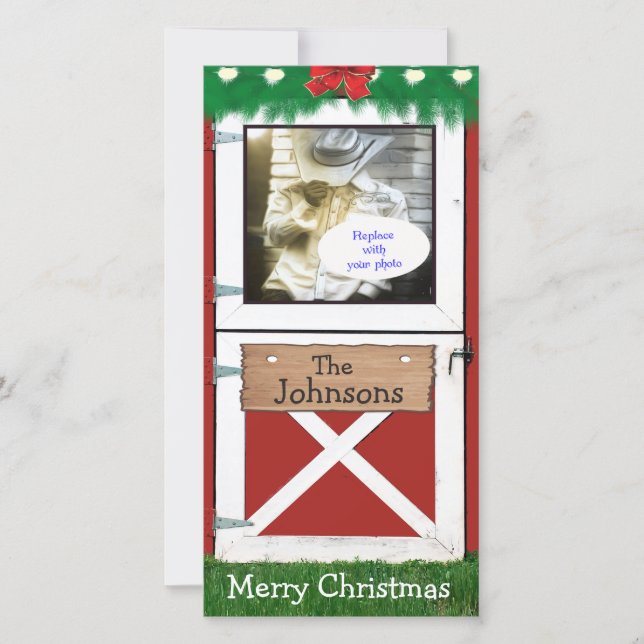 Red Barn Door Anpassningsbar 1 Photo Helgdag Card Julkort (Framsida)