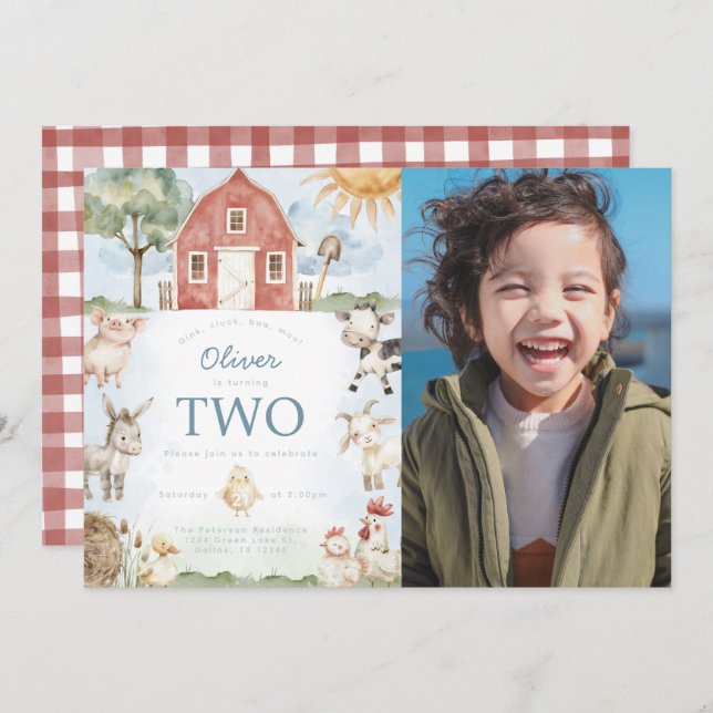 Red Barn Farm Animal Födelsedagsfest inbjudan (Fram/baksida)