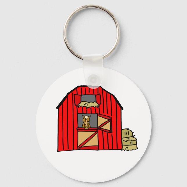 Red Barn Farm Scene Equine Horse Stall Nyckelring (Framsida)