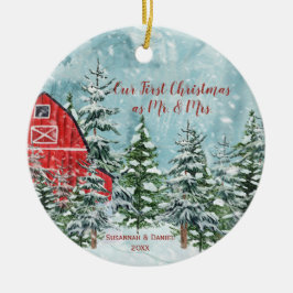 Red Barn Gräs Träd Snö vårt första julfoto Julgransprydnad Keramik