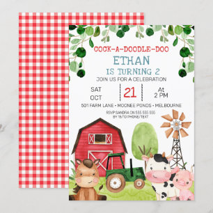 Red Barn Grönt Tractor Farm Farmyard Birthday Inbjudningar