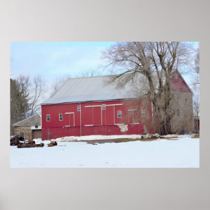 Red Barn i Snö Poster