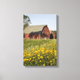 Red Barn med Gult Wildblommor Canvastryck