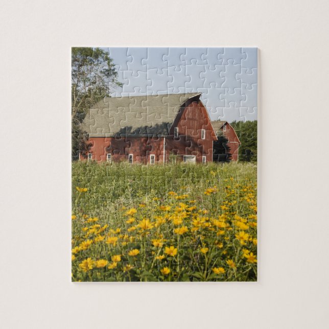 Red Barn och Gult Wildblommor Pussel (Vertikal)