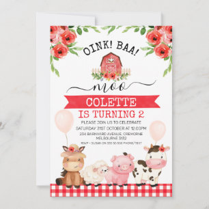 Red Barn Oink Baa Moo Boskap Birthday Inbjudningar