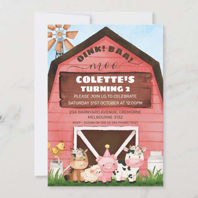 Red Barn Oink Baa Moo Boskap Birthday Inbjudningar (Framsida)