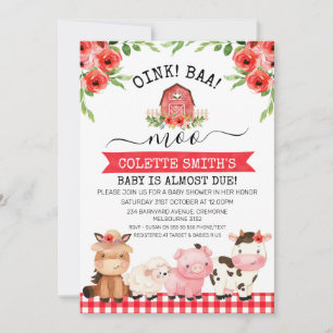 Red Barn Oink Baa Moo Farm Baby Shower-inbjudan Inbjudningar