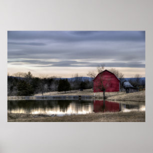 Red Barn Reflection in Vatten HDR Photo Poster