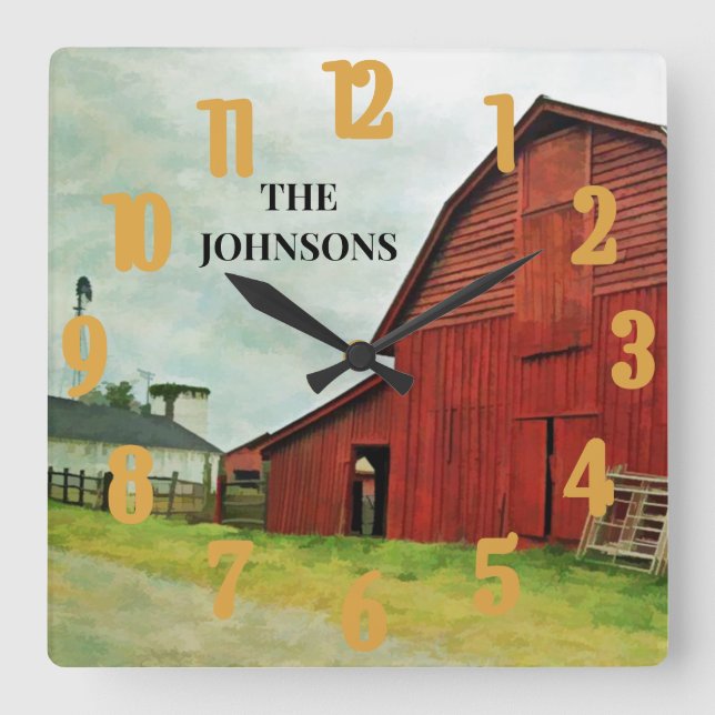 Red Barn Scenia Rustic Land  Fyrkantig Klocka (Framsida)