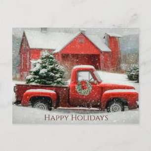 Red Barn, Snölandskap och Festive Träd Vykort