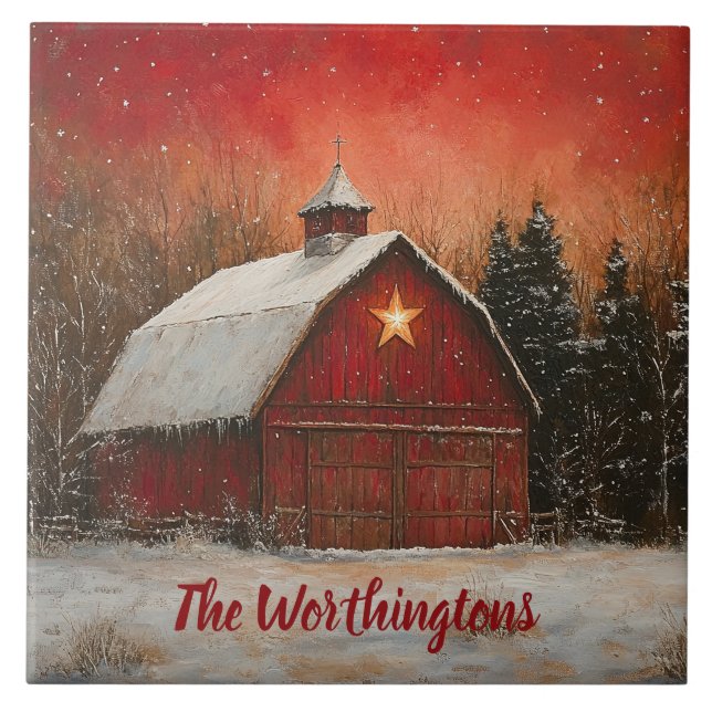 Red Barn & Snow Orange Winter Sunset Farmhouse  Kakelplatta (Framsidan)