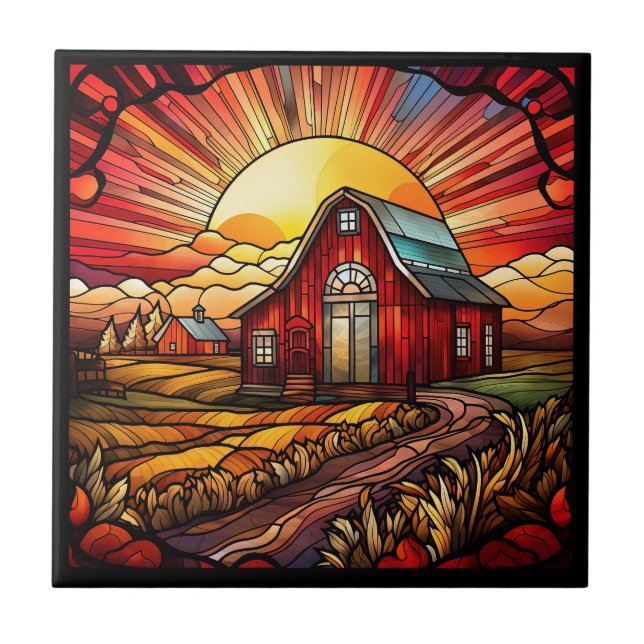 Red Barn Stached Glass Ceramic Tile Kakelplatta (Framsidan)