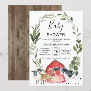 Red Barn Wandan Boskap Baby Shower Inbjudningar