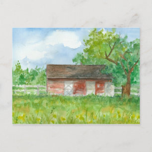 Red Barn Watercolor Land Ligcape Art Vykort