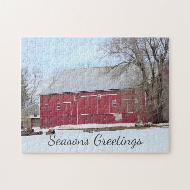 Red Barn Winter Scene Jigszle Puzzle Pussel (Horisontell)