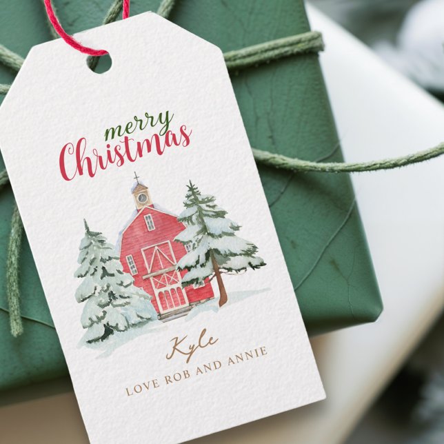 Red Barn Winter Woodland Vintage God jul Presentetikett (Skapare uppladdad)