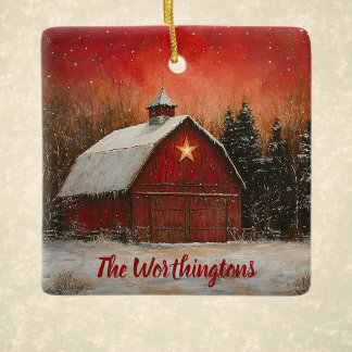 Red Barn with Star and Trees Farmhouse Monogram Julgransprydnad Keramik