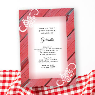 Red Barn Wood with Flowers Baby Shower Inbjudningar