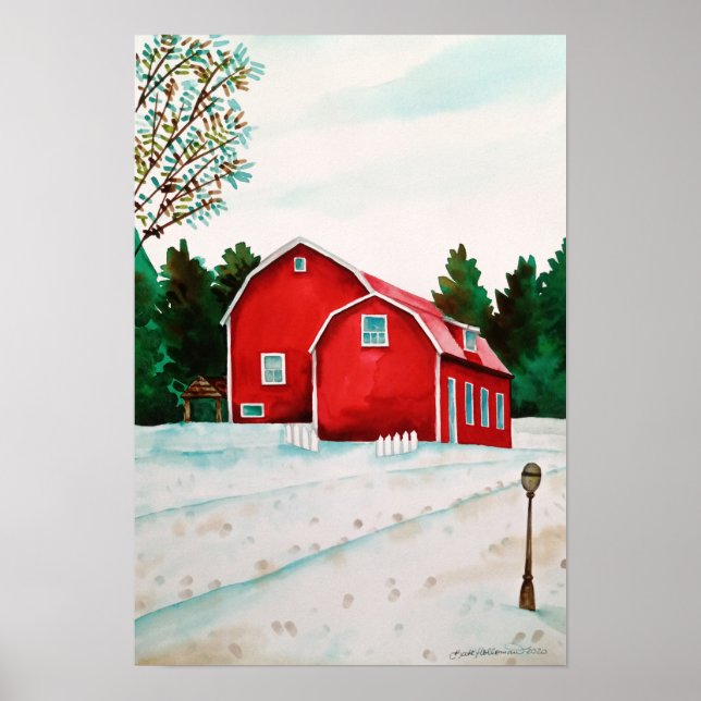 Red Barns in Snö - Watercolor Ligcape Art Skriv ut Poster (Framsidan)