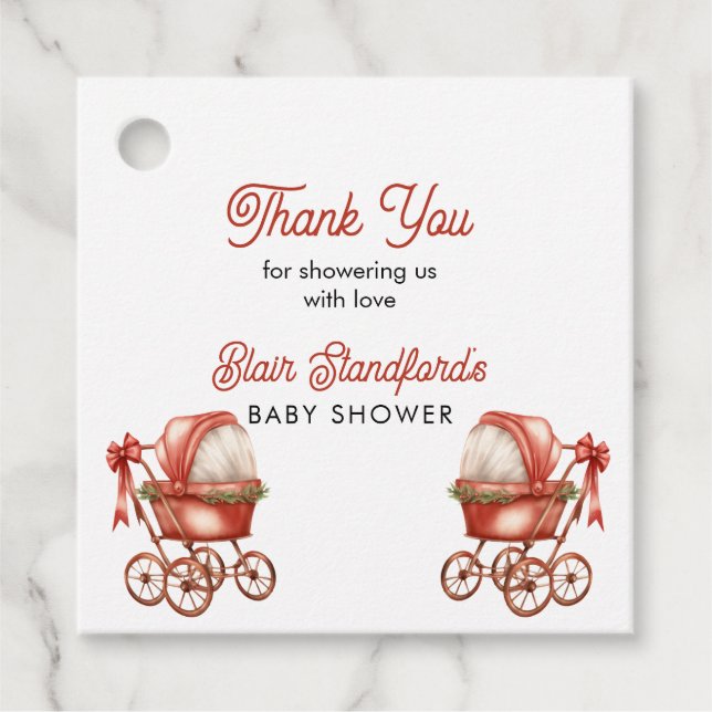 Red Barnvagn jul Baby Shower Tack Gåvor Etiketter (Framsida)