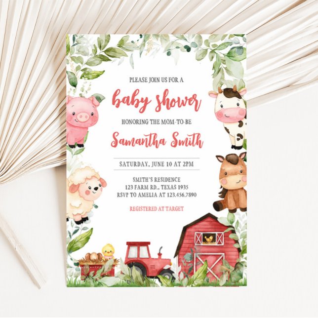 Red Barnyard Farm Baby Shower Inbjudningar (Boy Red Barnyard Animals Baby Shower Invitation)
