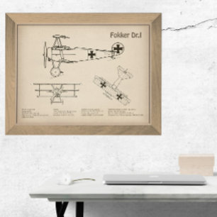 Red Baron Fokker Dr.1 - Flygplan Blueprint SD Fototryck