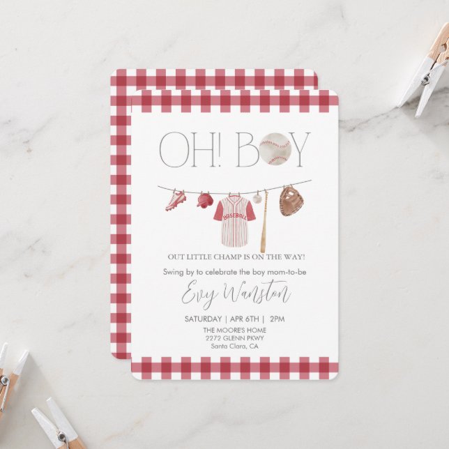 Red baseball Oh, pojkars inbjudan till babydusch (Fram/Back In Situ)