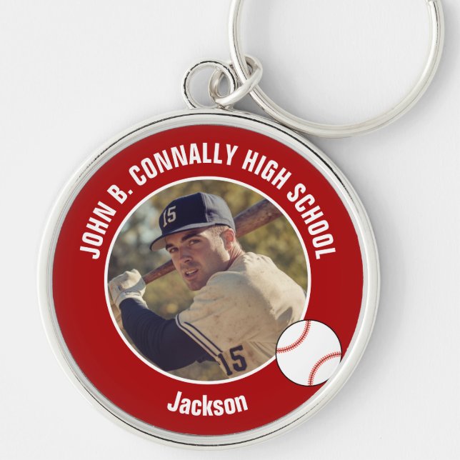 Red Baseball Player Photo High School Spirit Rund Silverfärgad Nyckelring (Framsidan)