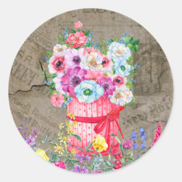 Red Basket, Watercolor Flowers, Vintage Newspaper Runt Klistermärke