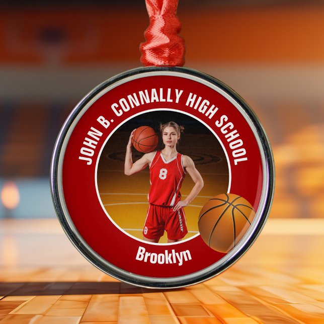 Red Basketball Player Photo Christmas Julgransprydnad Metall (Skapare uppladdad)