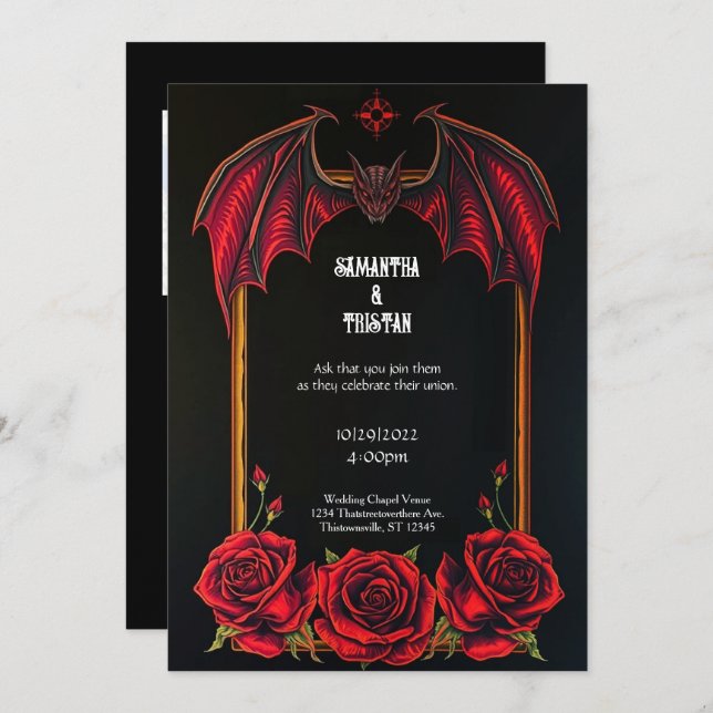 Red Bat and Roses Gothic Wedding Invitation Inbjudningar (Fram/baksida)