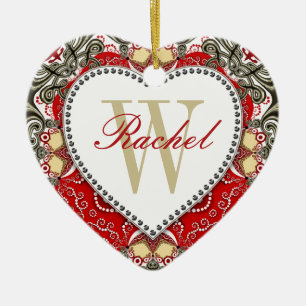Red Batik Monogram Kärlek Heart Ornament